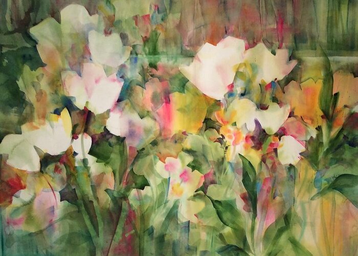 White Tulips Greeting Card featuring the painting Monet's Tulips by Karen Ann Patton