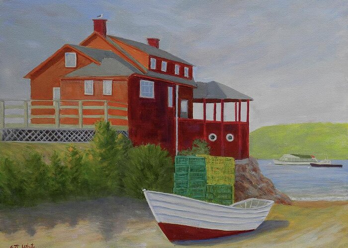 Monhegan Island Ocean Boats Houses Lobster Traps Greeting Card featuring the painting Monhegan Red by Scott W White