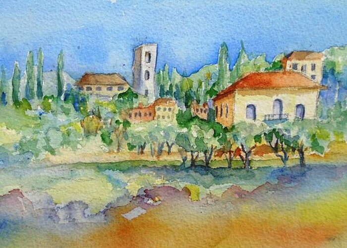 Watercolour Greeting Card featuring the painting Montacatini Alto, Tuscany by Trudi Doyle