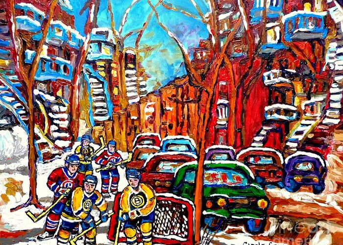 Montreal Greeting Card featuring the painting Montreal Street Hockey Painting Winding Staircases Winter Scene Canadian Art Montreal Memories by Carole Spandau