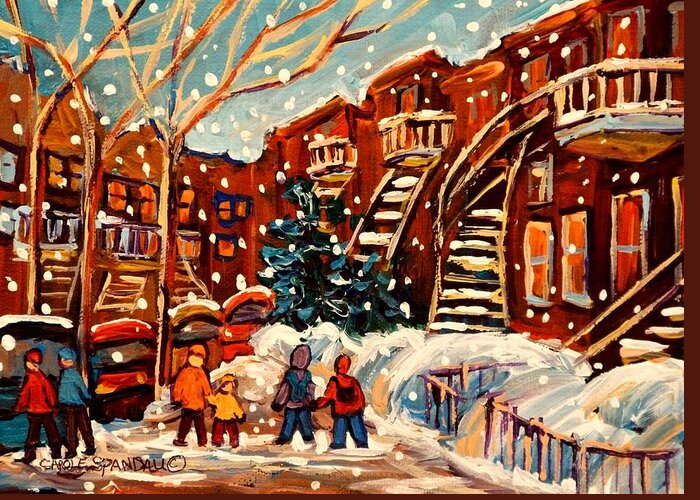 Montreal Greeting Card featuring the painting Montreal Street In Winter by Carole Spandau