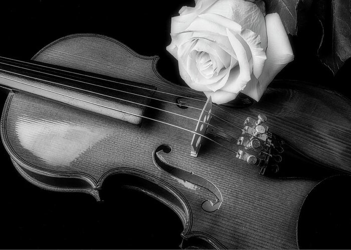 White Greeting Card featuring the photograph Moody Violin And Rose In Black And White by Garry Gay