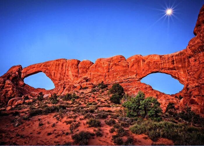 Arches Greeting Card featuring the photograph Moon Flares Over Windows by Mike Stephens