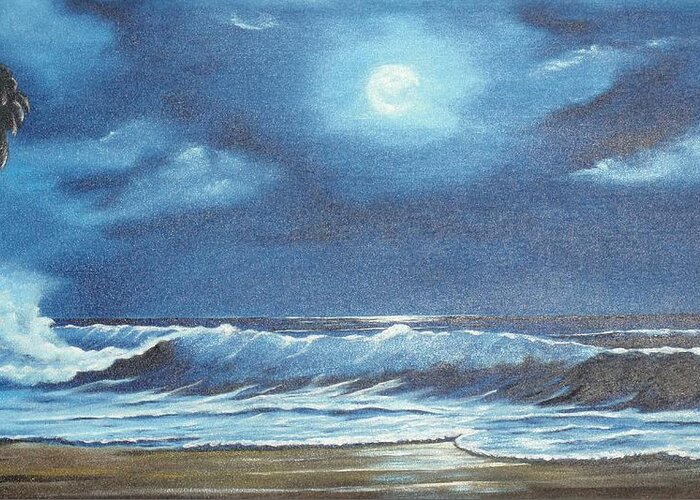 Moon Light Surf Greeting Card featuring the painting Moon Light Night In Paradise by Lloyd Dobson