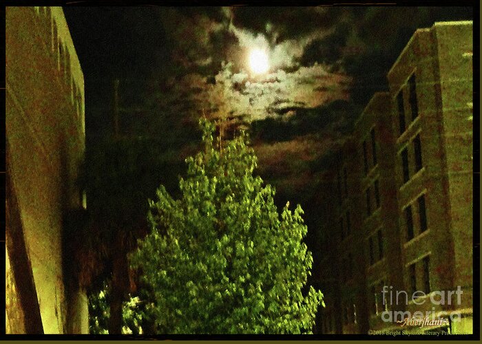 American South Greeting Card featuring the photograph Moon on Fire over Downtown Savannah by Aberjhani