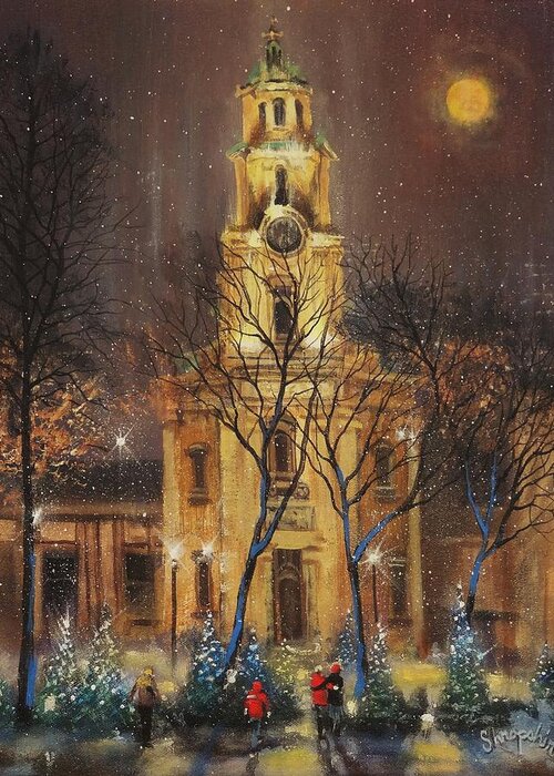 Christmas Display Greeting Card featuring the painting Moon Over Cathedral Square by Tom Shropshire