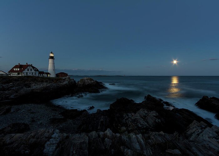 Moon Greeting Card featuring the photograph Moon Rise at Portland Headlight by Darryl Hendricks