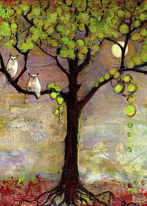 Owl Greeting Card featuring the painting Moon River Tree Owls by Blenda Studio