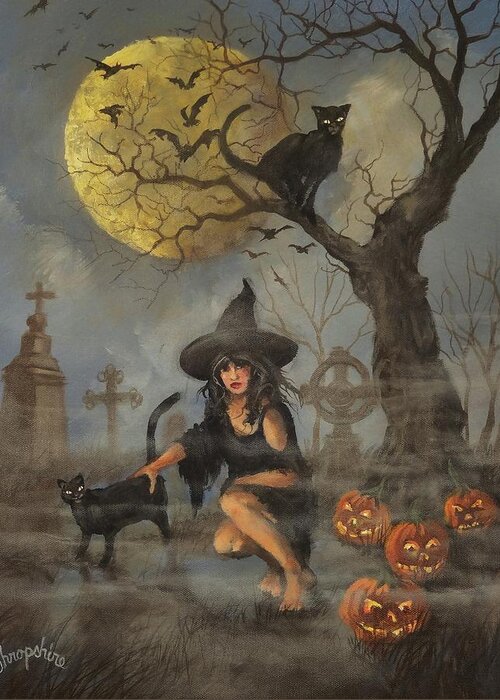 ; Halloween Greeting Card featuring the painting Moon Witch by Tom Shropshire