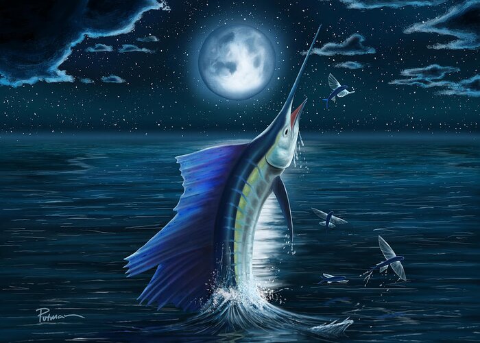 Sailfish Greeting Card featuring the digital art Moonlight Dinner by Kevin Putman