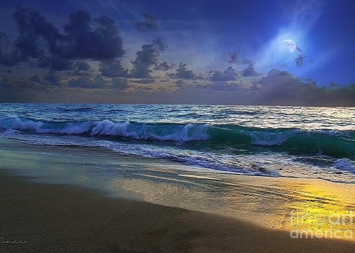 Beach Greeting Card featuring the photograph Moonlit Beach Seascape Treasure Coast Florida C4 by Ricardos Creations