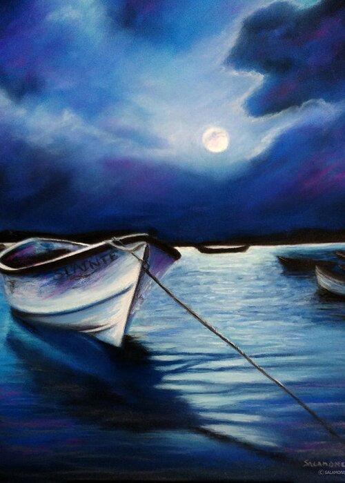 Scotland Moon Moonlight Moonlit Boat Lake Loch Quiet Still Blue Purple Aqua Water Spooky Highlands Greeting Card featuring the pastel Moonlit by Brenda Salamone