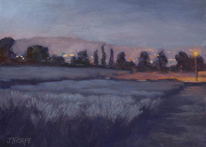 Moonlight Greeting Card featuring the painting Moonlit Lavender Fields by Jane Thorpe