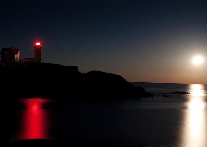 Capeneddick Greeting Card featuring the photograph Moonrise at Nubble Light House by David Bishop