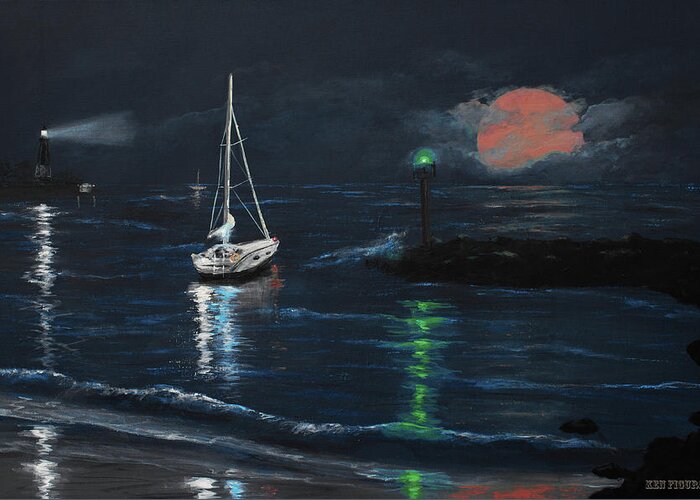 Delray Greeting Card featuring the painting Moonrise Bay 2 by Ken Figurski