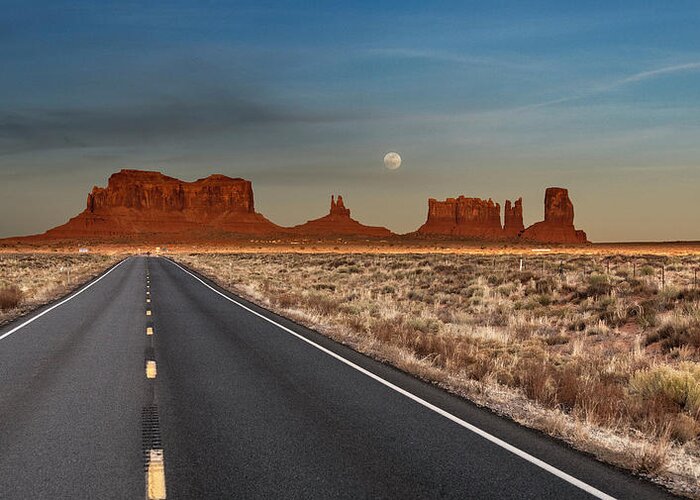 © 2018 Lou Novick All Rights Reserved Greeting Card featuring the photograph Moonrise over Monument Valley by Lou Novick