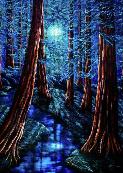 Moon Greeting Card featuring the painting Moonrise over the Los Altos Redwood Grove by Laura Iverson