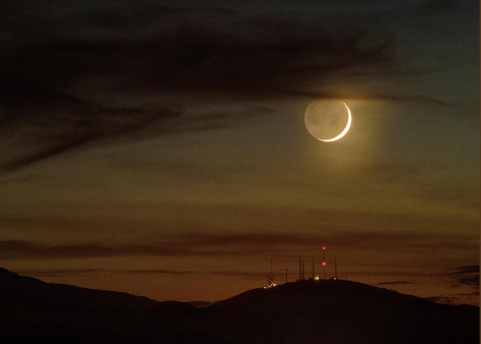 Moon Greeting Card featuring the photograph Moonset over Signal Hill by Janis Knight