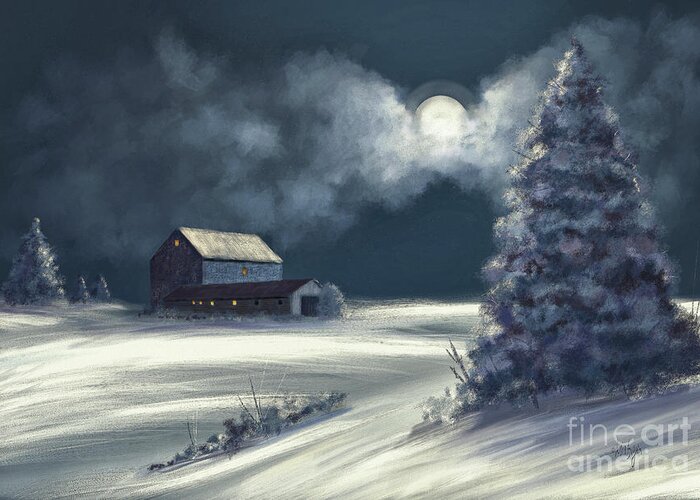 Moon Greeting Card featuring the digital art Moonshine On The Snow by Lois Bryan