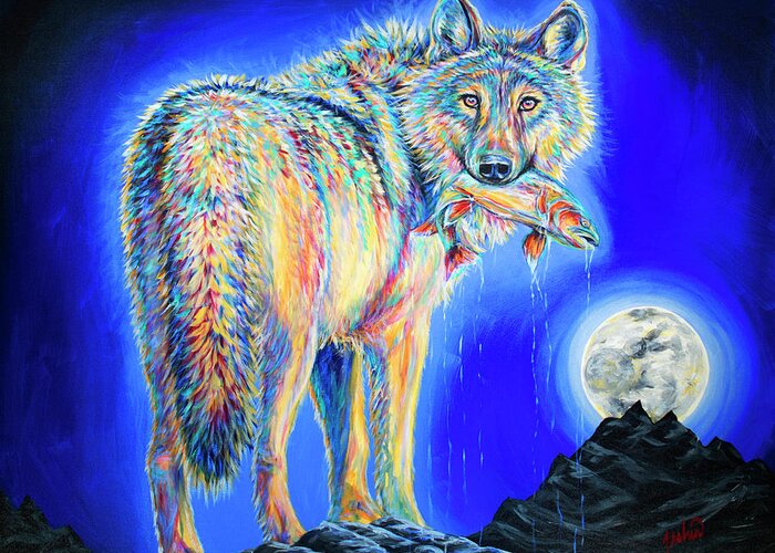 Wolf Greeting Card featuring the painting Moonstruck by Teshia Art