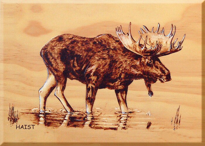 Moose Greeting Card featuring the pyrography Moose Marsh by Ron Haist