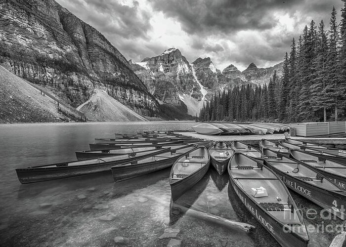 Banff Greeting Card featuring the photograph Moraine Lake in black and white by Paul Quinn