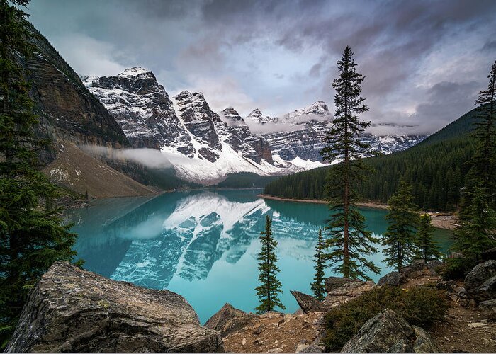 Moraine Lake Greeting Card featuring the photograph Moraine Lake in the Canadian Rockies by James Udall