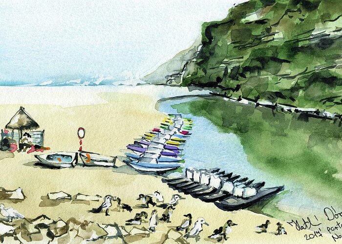 Portugal Greeting Card featuring the painting Morning At Porto Novo Beach by Dora Hathazi Mendes