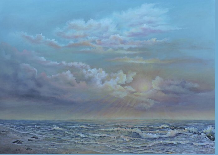 Landscape Greeting Card featuring the painting Morning At The Ocean by Katalin Luczay
