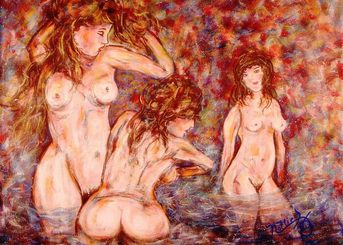 Nudes Greeting Card featuring the painting Morning Bath by Natalie Holland