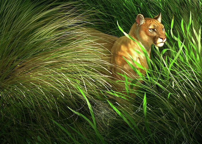 Florida Panther Greeting Card featuring the digital art Morning Dew - Florida Panther by Aaron Blaise
