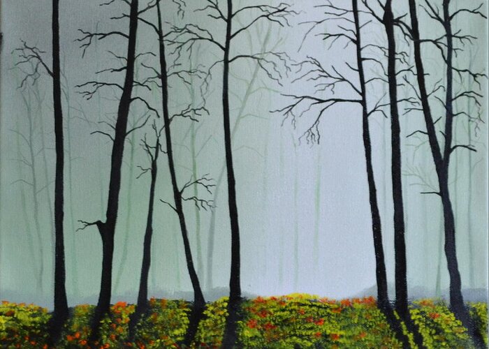 This Is A Landscape Painting Of A Foggy Wooded Area. The Light Is Coming Through A Foggy Area Of The Background. I Used A Light Colored Back Ground To Give The Painting Depth And Contrast. The Trees Don't Have Leaves And Are Casting A Shadow On The Forest Floor. The Ground Is Covered With Fresh Flowers And Green Grass. This Is An Affordable Oil Painting And Would Look Great In Any Room. Greeting Card featuring the painting Morning Fog by Martin Schmidt