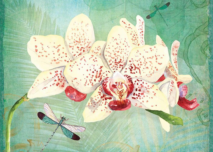 Orchid Greeting Card featuring the painting Morning Light - Dancing Dragonflies by Audrey Jeanne Roberts