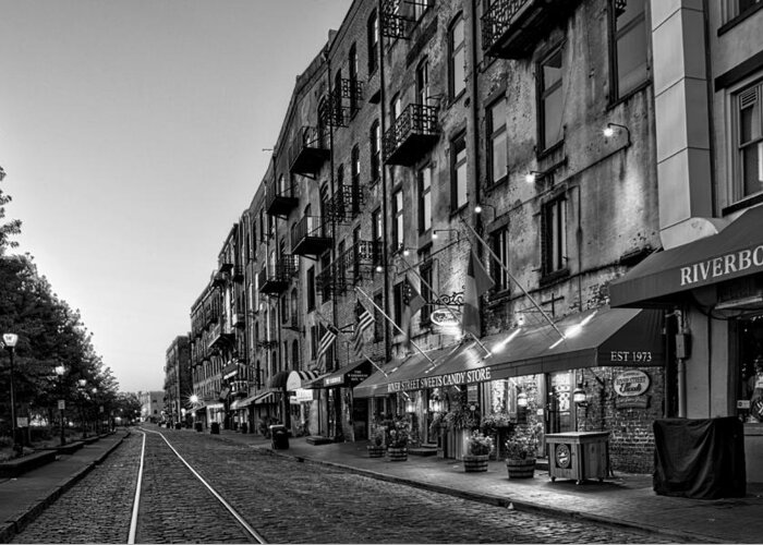 River Street Greeting Card featuring the photograph Morning on River Street in Black and White by Greg and Chrystal Mimbs