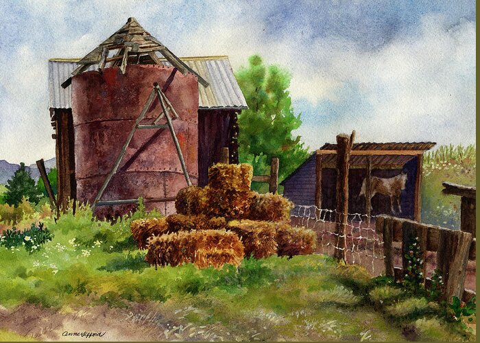 Barn Painting Greeting Card featuring the painting Morning on the Farm by Anne Gifford