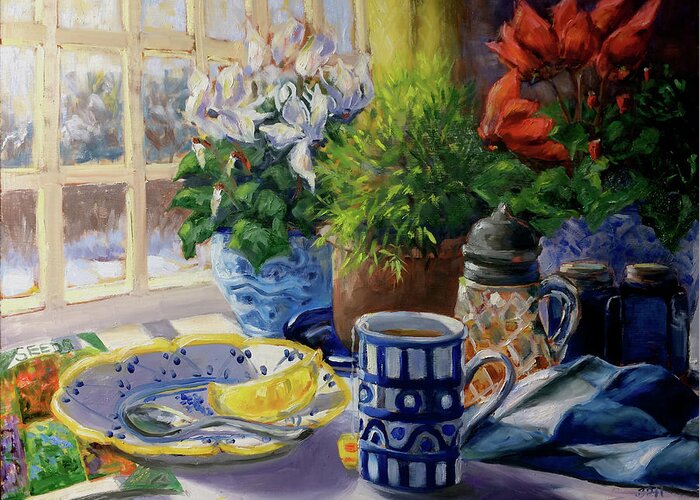 Tea With Lemon Greeting Card featuring the painting Morning Tea In The Winter Garden by Barbara Hageman