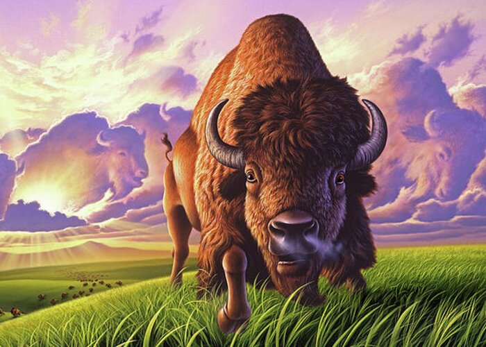 Buffalo Greeting Card featuring the painting Morning Thunder by Jerry LoFaro