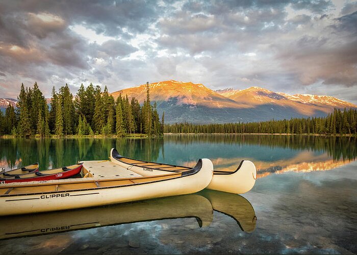 Canada Greeting Card featuring the photograph Jasper Lake canoes #4 by John Johnson