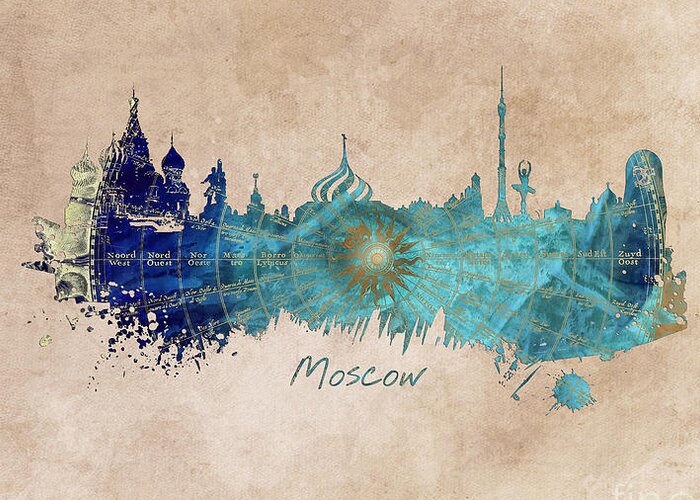 Moscow Skyline Greeting Card featuring the digital art Moscow skyline wind rose by Justyna Jaszke JBJart