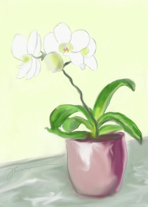 White Greeting Card featuring the painting Moth Orchid by Jean Pacheco Ravinski