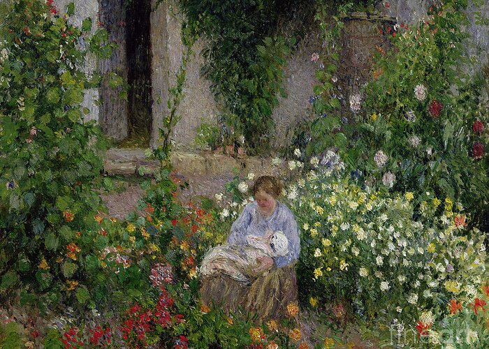 Mother Greeting Card featuring the painting Mother and Child in the Flowers by Camille Pissarro