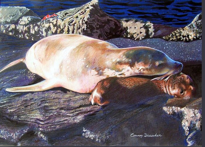 Sea Lion Greeting Card featuring the mixed media Mother and Child Sea Lion by Constance Drescher