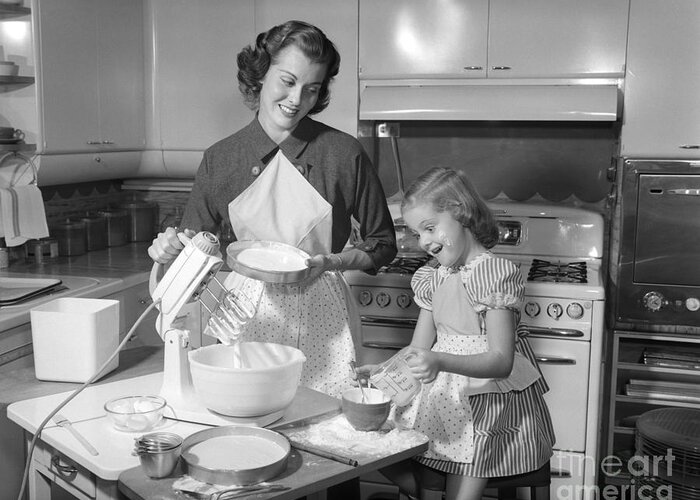 1950s Greeting Card featuring the photograph Mother And Daughter Baking A Cake by Debrocke/ClassicStock