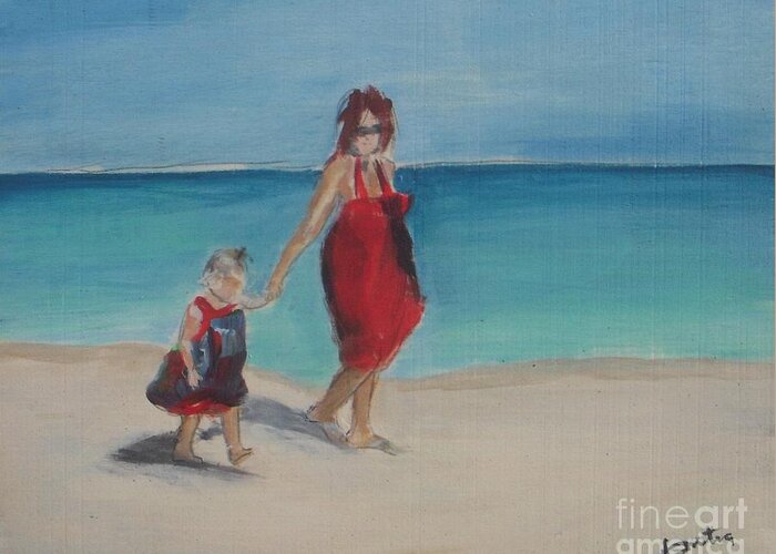 Mom Greeting Card featuring the painting Mother and Daughter Walk on the Beach by Vesna Antic