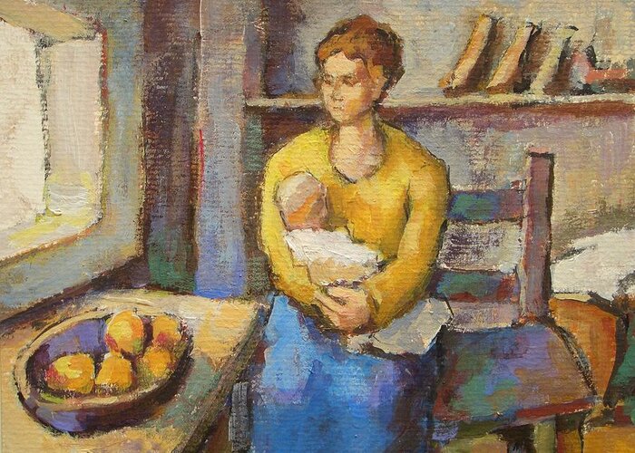. Mother. Child. Birth. Room. Window. Light. Table. Bank Fruit Bowl. Greeting Card featuring the painting Mother with Child by Johannes Strieder