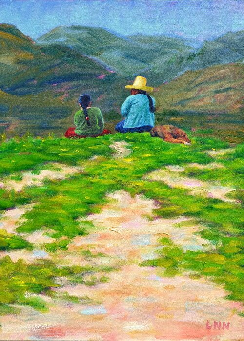 Landscape Greeting Card featuring the painting Motherly Advice, Peru Impression by Ningning Li