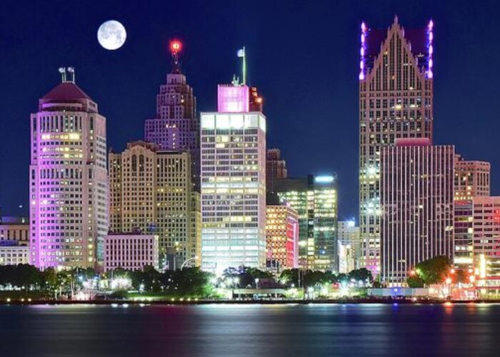 Detroit Greeting Card featuring the photograph Motor City Night with Full Moon by Frozen in Time Fine Art Photography