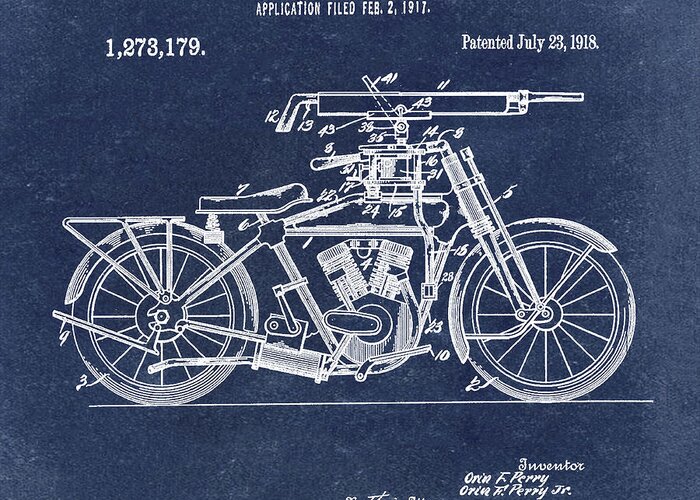 Motorcycle Greeting Card featuring the digital art Motorcycle Machine Gun Patent 1918 in Blue by Bill Cannon