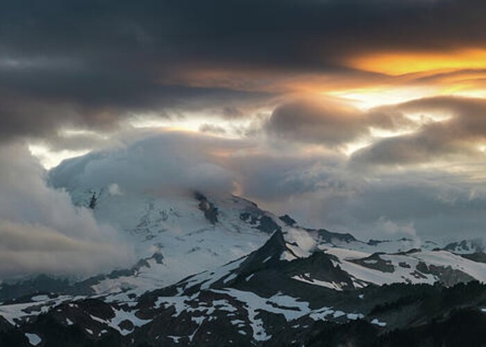 Mount Baker Greeting Card featuring the photograph Mount Baker Sunset Cloudscape Drama Panorama by Mike Reid