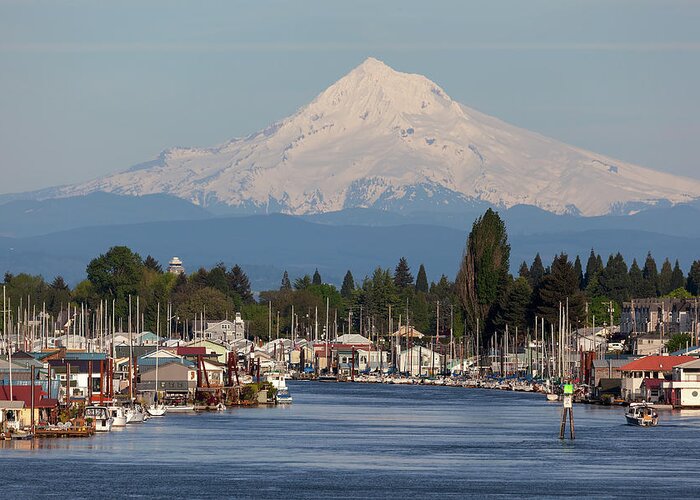 Mount Hood Greeting Card featuring the photograph Mount Hood and Columbia River House Boats by David Gn